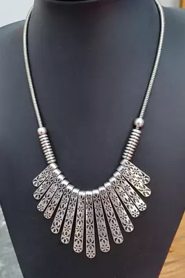 M&S  Necklace Egyptian Style Bib Costume Jewellery  Silver Tone • £4.50