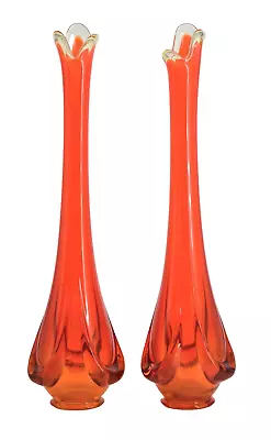 Set Of 2 Vintage Viking 19  Epic Drape Persimmon Amberina Swung Vases • $250