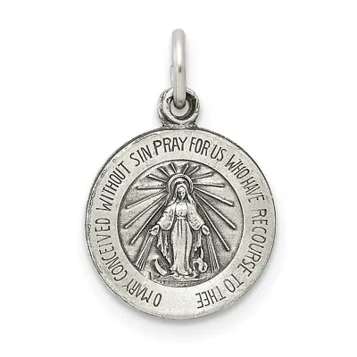 Sterling Silver Antiqued Miraculous Mary Round Medal Pendant 0.67 Inch • $15.99