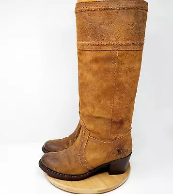 Frye Jane Stitch Boots Womens 6.5 Oiled Suede Brown Tall Riding Moto Boho Mexico • $49.95