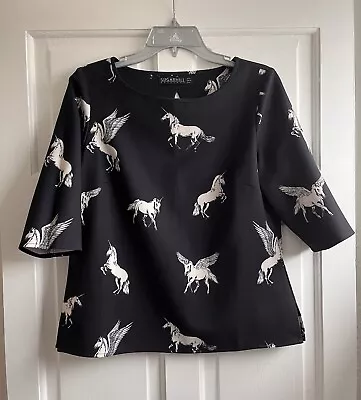 Sugarhill Boutique Navy Unicorn Print Top Size 10 • £3