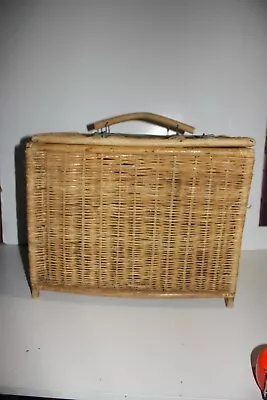 Vintage Woven Cane Carry Basket Box Picnic  Storage - Slide Lock Lid • $39