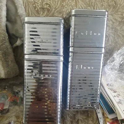 MCM 50s Canisters Retro  Kitchen Metal Flour Sugar Coffee Tea STACKING SET 4 • $14.99