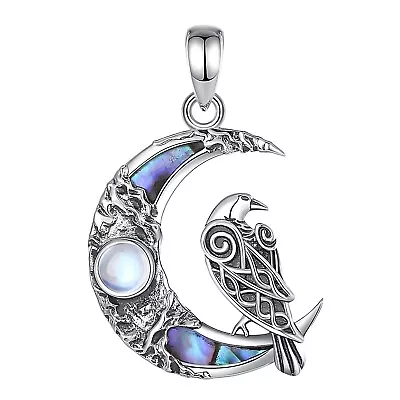 925 Sterling Silver Celtic Raven & Moonstone Pendant With Abalone Crescent Moon • $47.85