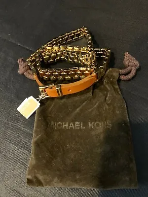 Michael Kors Gold Sliding Metal+brown Leather Wrap Around+belt Buckle Bracelet • $129