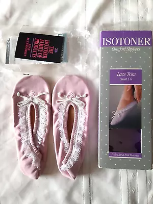 Vintage NOS Isotoner Slippers Pink Small 5-6 Lace Trim Ballet Leather Sole 98012 • $10
