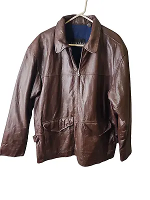 Context Size Large Mens Leather Coat Cowhide Brown Cotton Lining Full Zip • $52.49