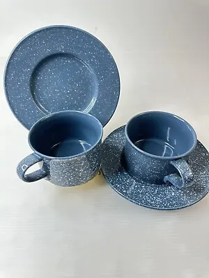 2 Pair Mikasa Ultrastone Country Blue Vtg Cup & Saucer  CU501 Speckled 6.5  4.5  • $19.97