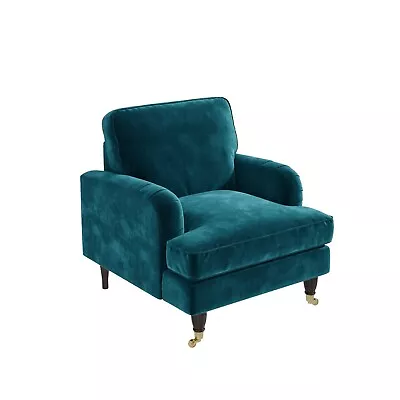 Teal Blue Velvet Armchair Foam Filled With Dark Wood And Gold Legs Saddle Arms • £355.92