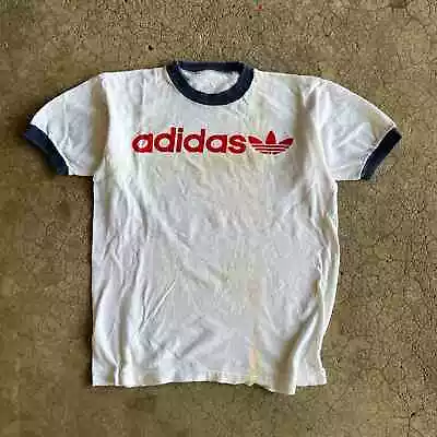 Vintage 1970s  Adidas Trefoil Red White Blue Spellout Ringer Tee Worn In Grungey • $39.99