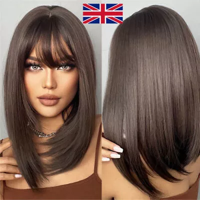 Womens Dark Brown Medium Long Straight Wig With Bangs Layered Hair Wigs UK • £7.48