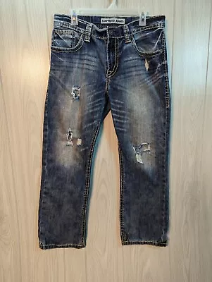 Express Mens Jeans 32x30 Blue Kingston Boot Cut Classic Fit Distressed Denim • $34.95