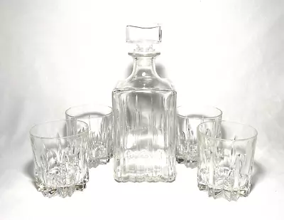 CIRCLEWARE CRYSTAL~  DECANTER + (4) OLD FASHIONED GLASSES (Beekman Place) ~Italy • $68