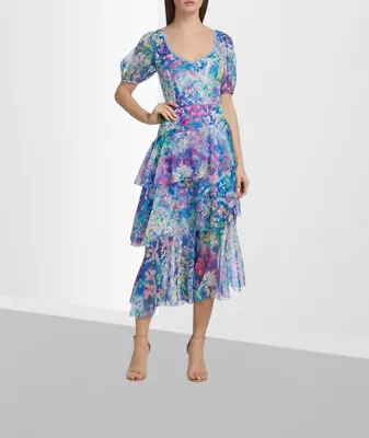 $515 Marchesa Notte Women's Blue Floral Chiffon Tiere MIDI  A-Line Dress Size 4 • $290