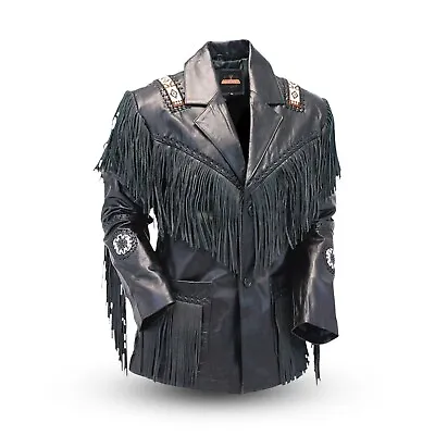 Mens Native American Western Cowboy Real Black Leather Jacket With Fringe & Bead • $129.99