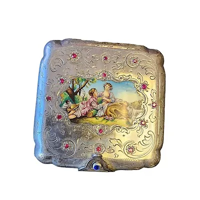 Antique Spectacular 800 Silver Porcelain Figural Scene Jeweled Mirror Compact • $429