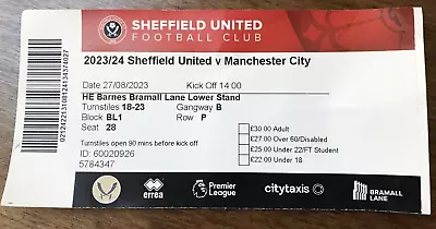 Sheffield United V Manchester City 27/08/2023 Ticket Stub • £0.99