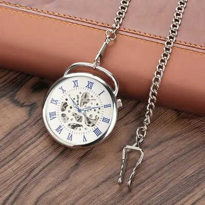 Silver Men's Roman Numerals Mechanical Pocket Watch With Chain Christmas Gifts • £20.38