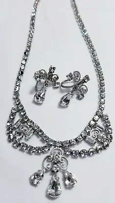Vintage Silver L.G Lind Gal Rhinestone Necklace Earring Set • $44