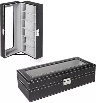 6 Slot Leather Watch Box Display Case Organizer Glass Jewelry Storage Black Men • $16.69