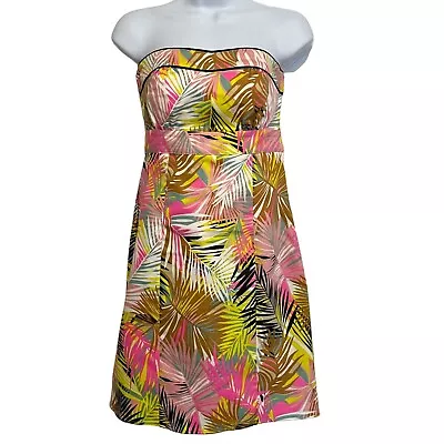 H&M Strapless Mini Dress Pink Yellow Neon Palm Leaf Tropical Print Size 6 • $12.99