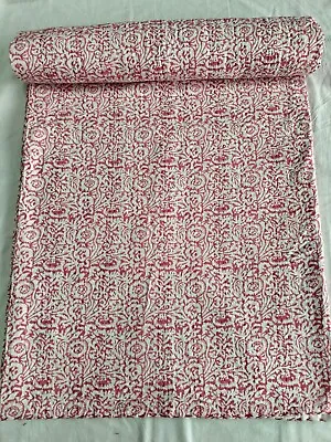 Indian Hand Block Kantha King Size Quilt Cotton Pink Bedspread Blanket Throw • £71.99