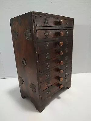 Vtg 1940s Handcrafted France 13  Wood 8 Drawer Chest Metal Fleur De Lis Emblems • $185.75