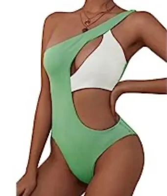 NWT ZAFUL Women’s Sexy One Piece Cutout Swimsuit Lime Green & White Size XL • $26.95