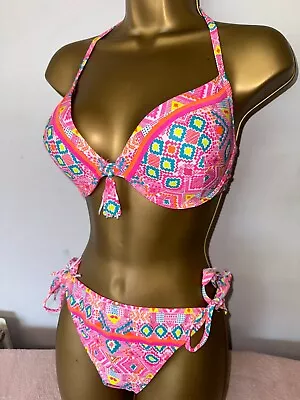 Sexy Ladies Matalan Pink Padded Underwired Halterneck Bikini Set Size 12-14 36d • £3.99