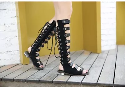 NEW Prova Perfetto Black AMAZA HEIDI Roman Gladiator Knee High Sandals US 7 / 37 • $185