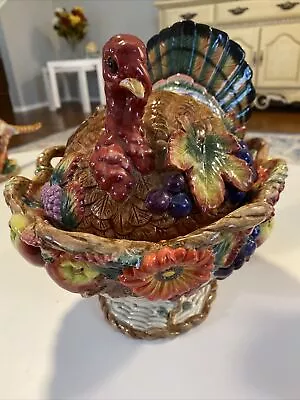 Fitz & Floyd Autumn Bounty Turkey Soup Tureen Majolica Fruits Vegetables L New • $145