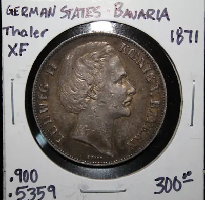 1871  Bavaria - German States - Silver Thaler   XF   Nice Coin! • $250