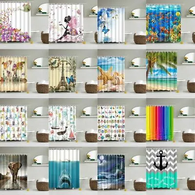 Waterproof Polyester Fabric Bathroom Shower Curtain Sheer Panel Decor 12 Hooks • £27.59