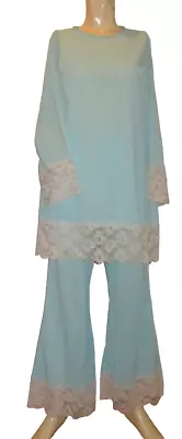 Vintage Pajamas PJs Bell Bottoms 60s Lounge Set Nylon Light Blue Ivory Lace L • $29.99