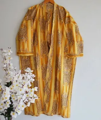 $36.29 • Buy Indian Yellow Tiger Print Kimono Long Cotton Women's Clothing Kimono Bath Robes