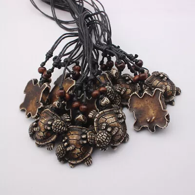 12 PCS Brown Yak Bone Hawaii Mother & Son Turtle Pendant Necklace Black Wax Cord • $11.99