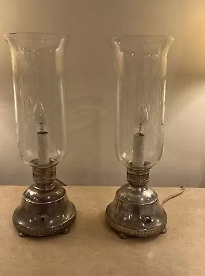 Antique Vtg Pair Crystal Etched Hurricane Table Lamp Boudoir Mantel Lamps • $95