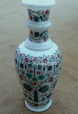 12 Inches White Marble Flower Pot Semi Precious Stone Inlay Work Decorative Vase • $585