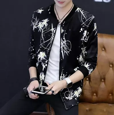 Mens Printting Floral Zipper Baseball Coats Slim Fit Jackets Outwear Casual Tops • $28.48