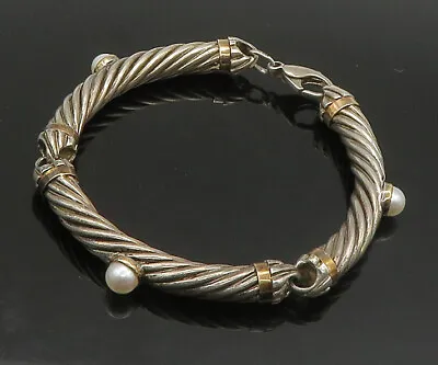 925 Silver & 14K GOLD - Vintage Cultured Pearls Twist Chain Bracelet - BT9083 • $212.13