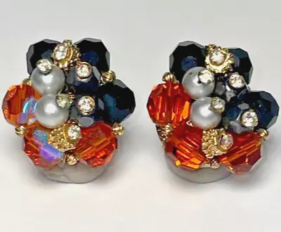 VTG Vendome Earrings Amber Black AB Crystal Pearl Rhinestone Cluster FREE SHIP • $19.99