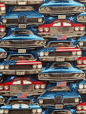 Classic Muscle Cars Car Parts Usa Packed Red White Blue Cotton Fabric Fq • $4.22