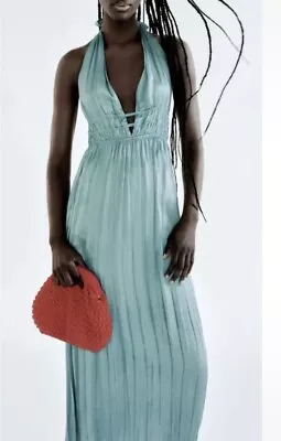 NWT  Zara Open Back Halter Dress Satin  Midi  Aqua  Strappy Size M • $39.99