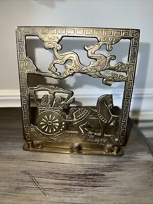 Vintage Oriental Solid Brass Horse Carriage Asian Folding Bookends 5  X 5  • $9.89