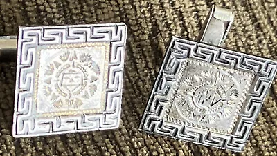 Vintage Signed “Tencha” Handmade Mexico Sterling Aztec Cuff Links Mens Jewelry • $25.99