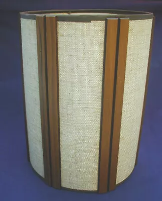 Vintage Retro MCM Burlap Hessian Lamp Shade W/ Hard Wood Trim Round Drum 12  X 9 • $45
