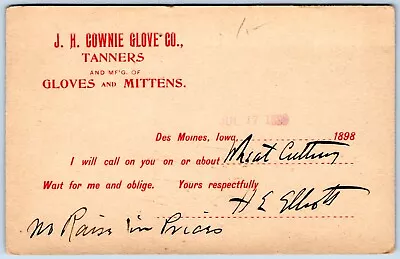 Postcard IA Des Moines Iowa JF Cownie Glove Co Tanners Gloves Mittens Ad 899 P5F • $7.99