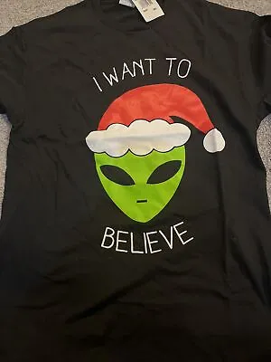 New Christmas Tshirt Mens Alien Funny I Want To Believe Size M Black Gift • $15