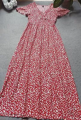  Red White Floral Shirred Waist Wrap Style Summer 👗 Dress  M 10 12 Viscose  • £12