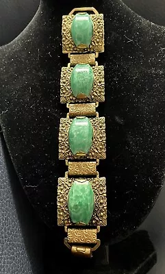 Vintage Art Deco Czech Peking Glass & Stamped Brass Bracelet 7” • $55